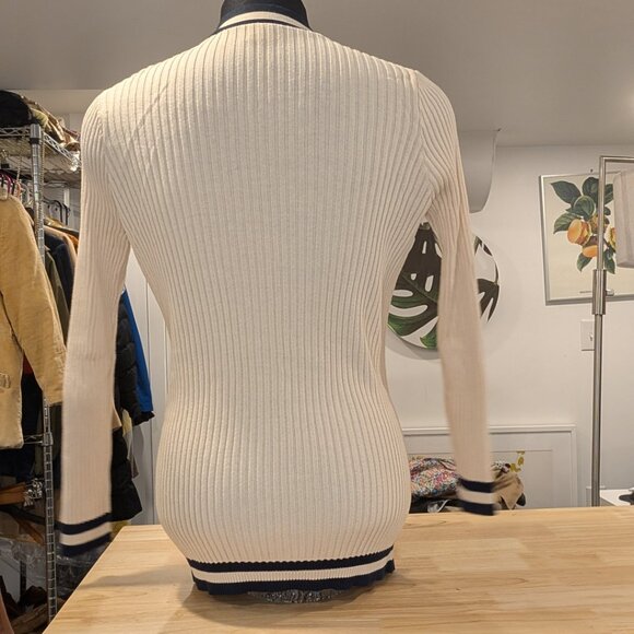 CAbi Radcliffe Cardigan Cream & Navy Gold Buttons Long Sweater - Women's sz M - Picture 4 of 7